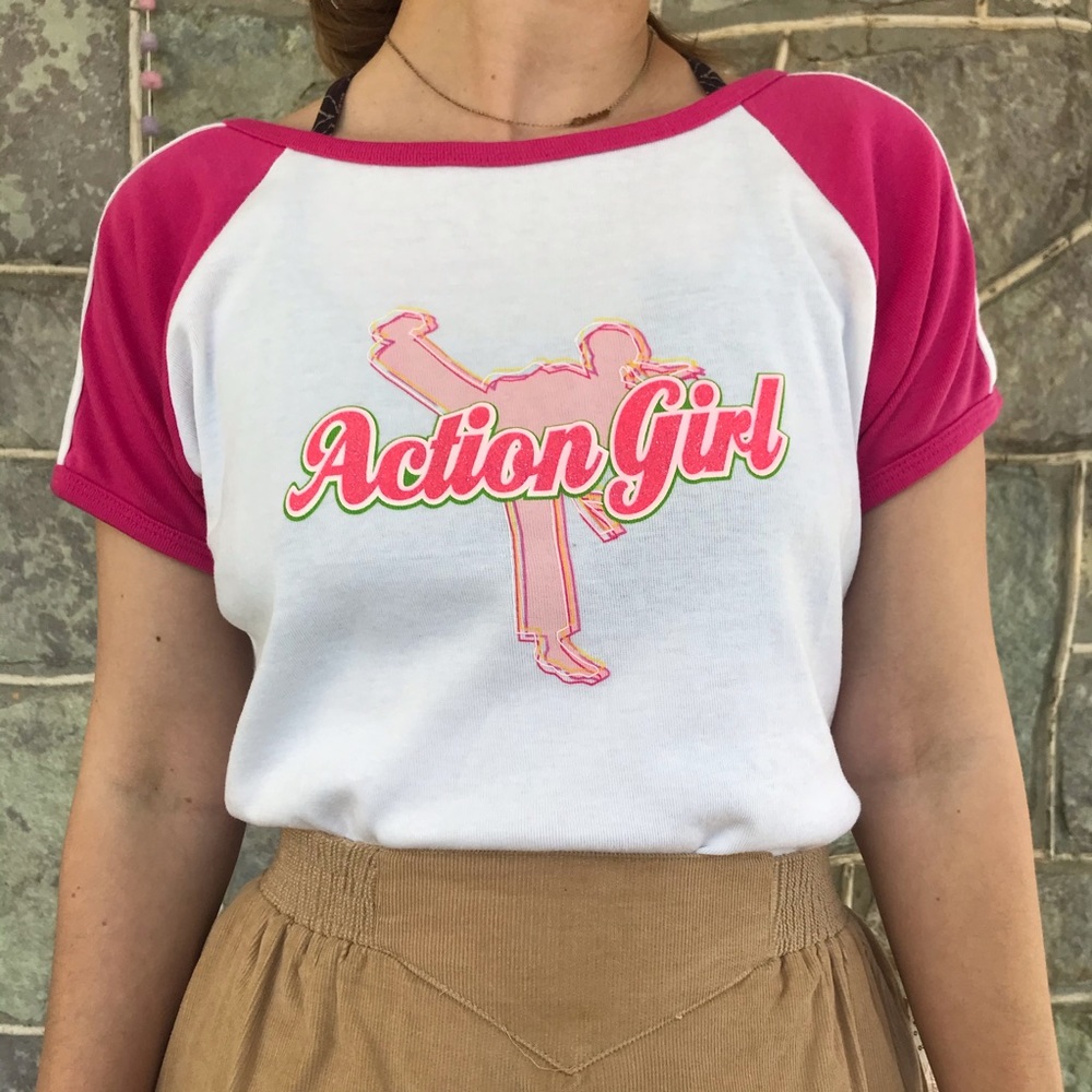 Vintage Action Girl White and Pink Raglan Tee